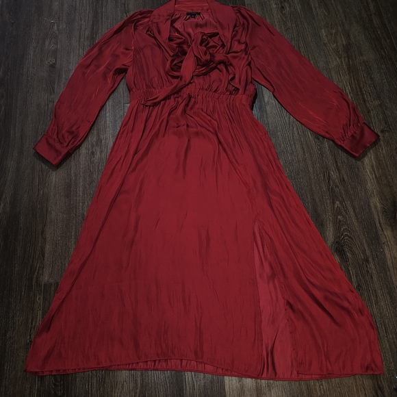 J.Crew Red Long Sleeve Tie Neck Midi Dress | Size L | Elegant Satin Look - Picture 8 of 15